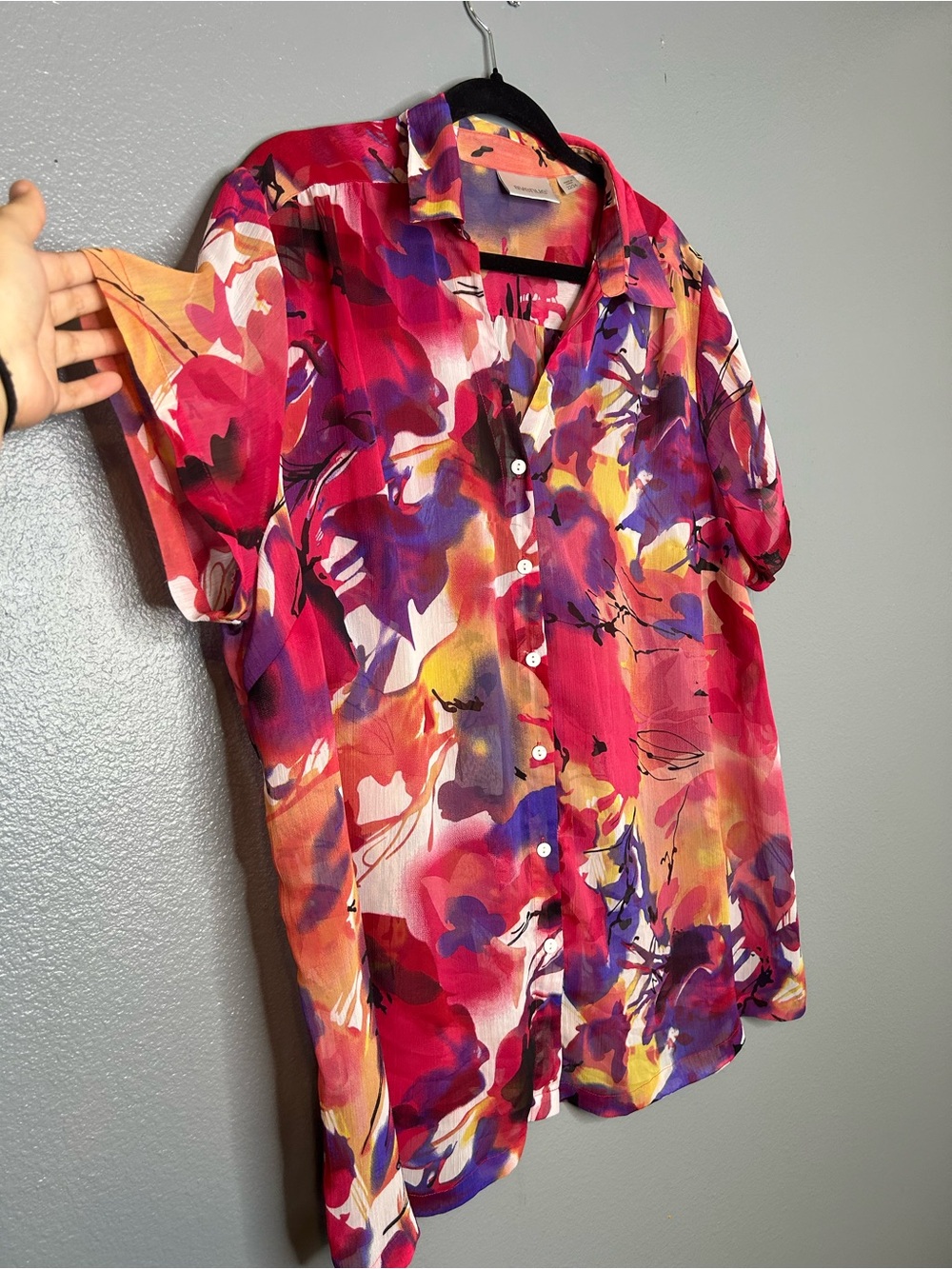 Floral Watercolor Artsy Vacation Summer Sheer Button Blouse - plus size 22/24